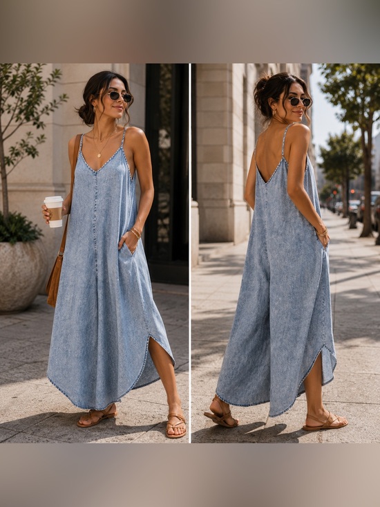 Zenana Outfitters Pants - 🆕  FREE Cami w/Purchase Acid-Washed Wide Leg Jumpsuit w/Pockets Boho Chambray